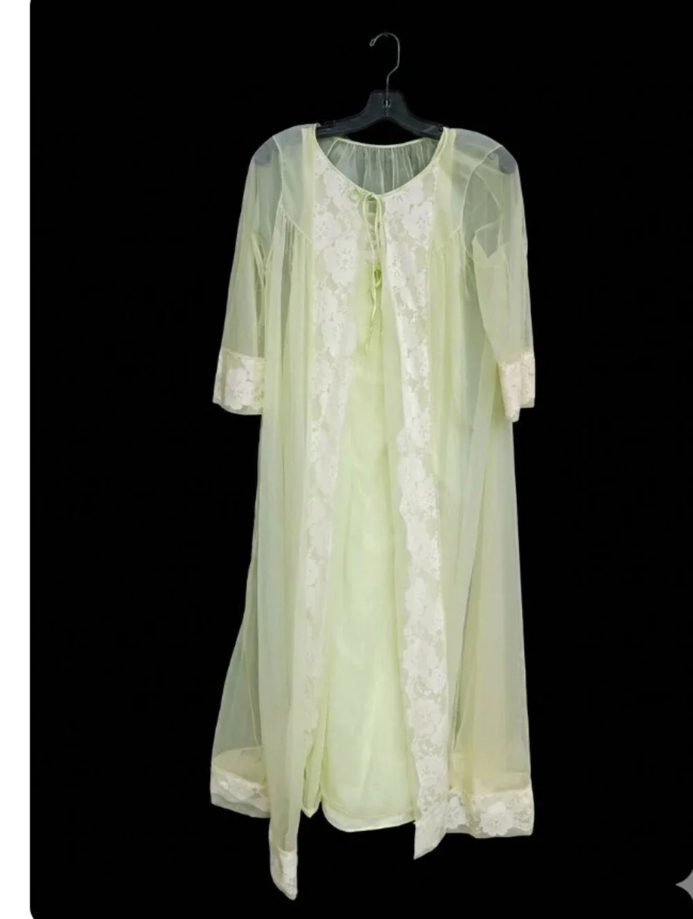 VTG 1960s Sears Celery Green Chiffon Lace Peignoir Set Nightgown Robe S M